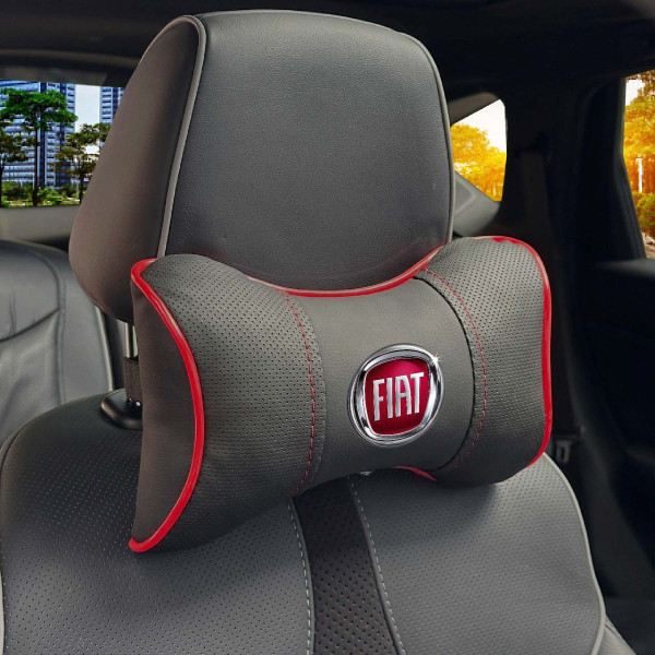 Подушка на подголовник с логотипом Fiat Экокожа 3D Цветной лого Черная-Красный кант 1 шт