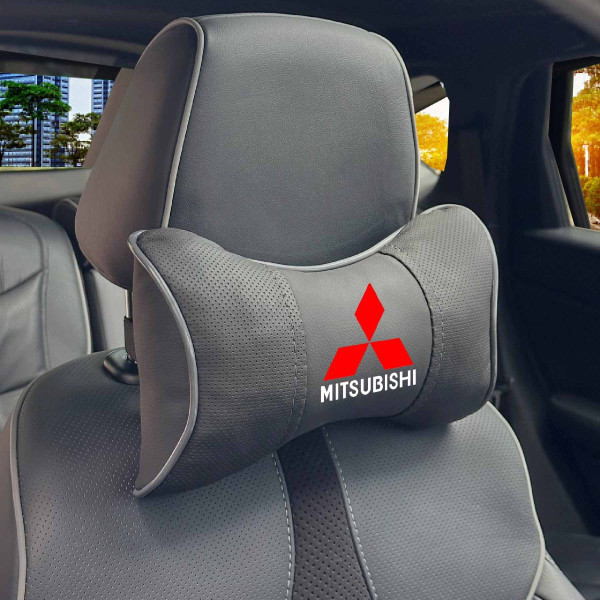 Подушка на підголівник з логотипом Mitsubishi Екошкіра 3D Кольоровий лого Чорна-Сірий кант 1 шт