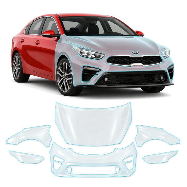 Антигравийная защитная бронепленка по лекалам для Kia Cerato/Forte BD 2018-2021 - передняя часть авто (капот бампер фары крылья)
