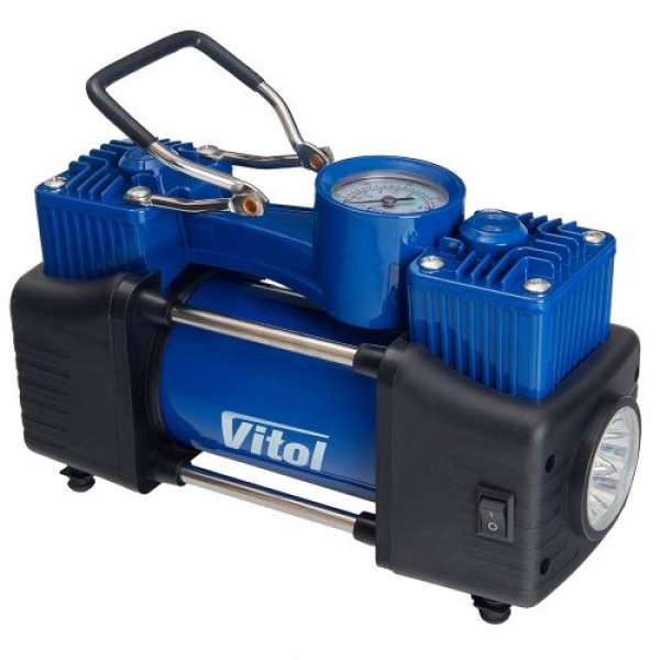 Компрессор автомобильный двухпоршневой Vitol 12V 360вт 85л 15Атм 150psi с дефлятором (K-74)