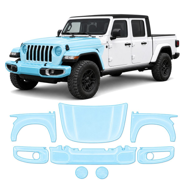 Антигравийная защитная бронепленка по лекалам для Jeep Gladiator JT 2019-2023 - передняя часть авто (капот бампер фары крылья)