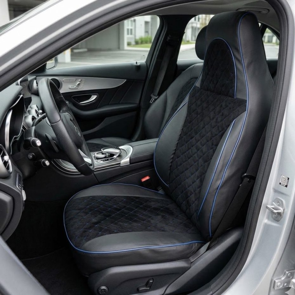 Авточехлы для Daewoo Lanos PILOT Экокожа с Алькантарой Ромб Синяя Нить