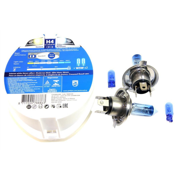 Автолампа галогенна Philips WhiteVision ultra +60% H4 60/55W 4200K W5W Blue 2 шт (12342WVUSM)