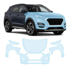 Антигравийная защитная бронепленка по лекалам для Hyundai Tucson TL facelift 2019-2020 - передняя часть авто (капот бампер фары крылья)