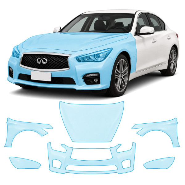 Антигравийная защитная бронепленка по лекалам для Infiniti Q50 V37 2013-2017 - передняя часть авто (капот бампер фары крылья)